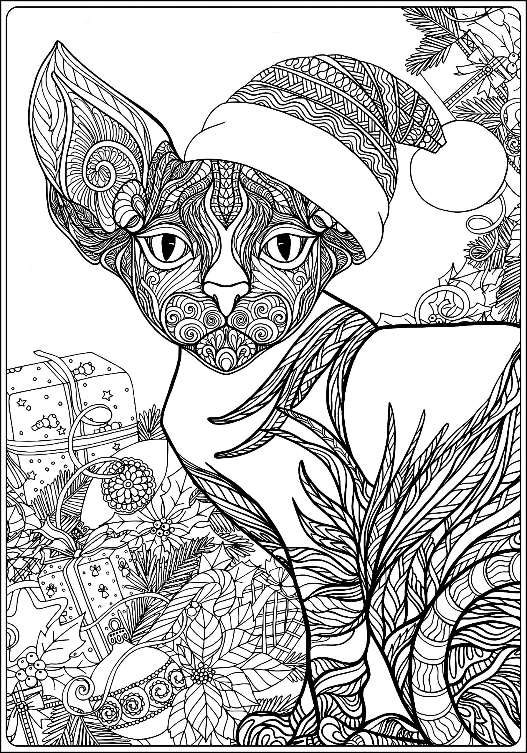 Chat Sphynx Prêt Pour Noël - Noël - Coloriages Difficiles mit Coloriage Dessin De Chat