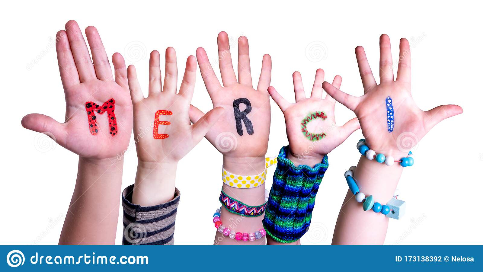 Die Kinderhände, Die Wort Merci-Durchschnitte Aufbauen in Bilder Kinderhände