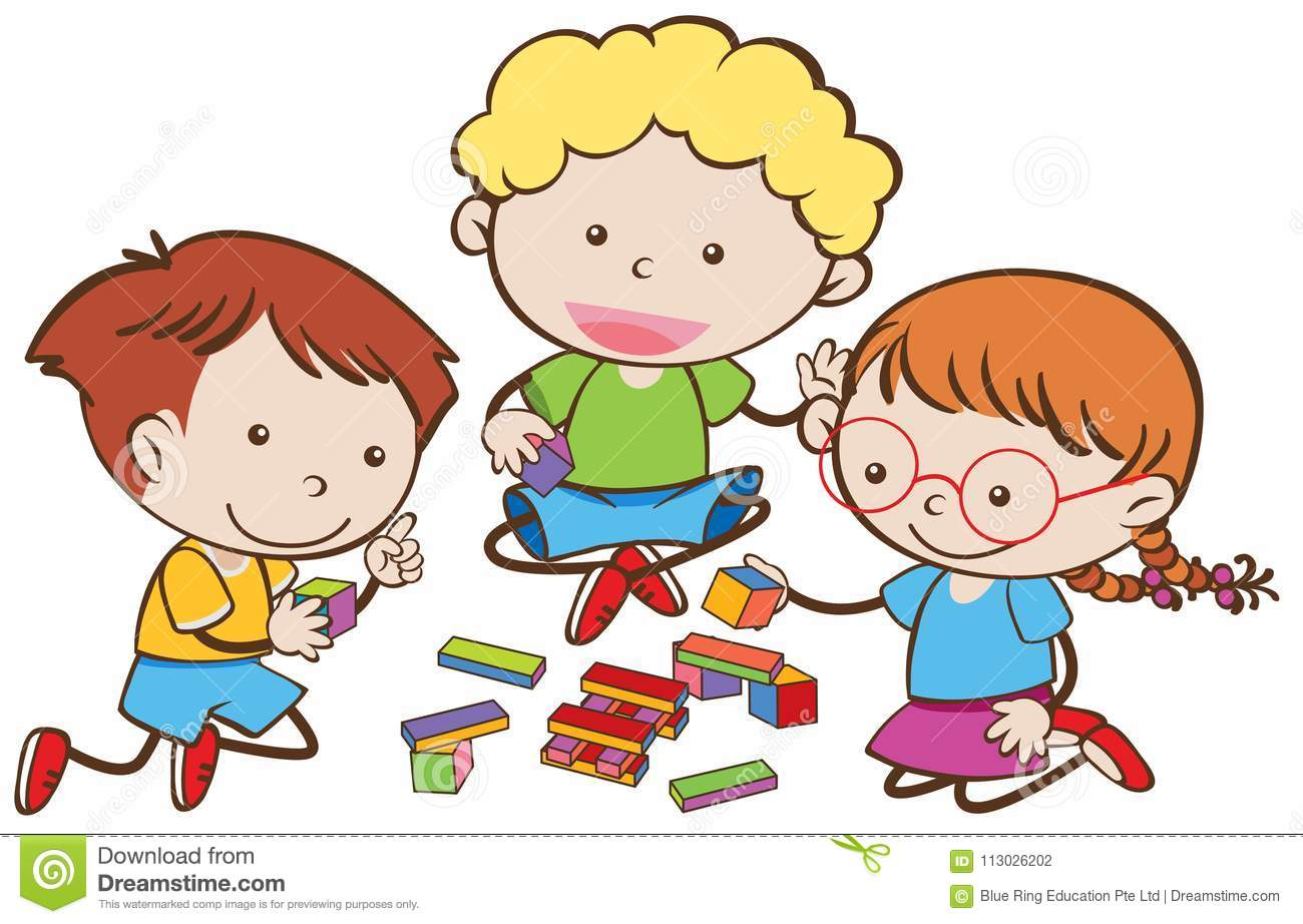 Drei Kinder, Die Blöcke Spielen Vektor Abbildung verwandt mit Spielende Kinder Bilder Comic