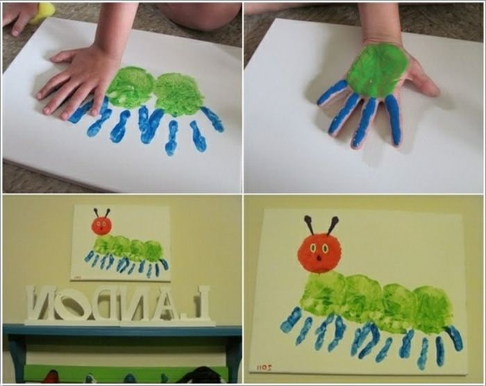 Eine Grüne Raupe Handabdruck Bilder Malen | Basteln bei Kinder Bilder Handabdruck