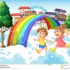 Kinder, Die Nahe Dem Regenbogen Spielen Stock Abbildung mit Kinder Bilder Regenbogen