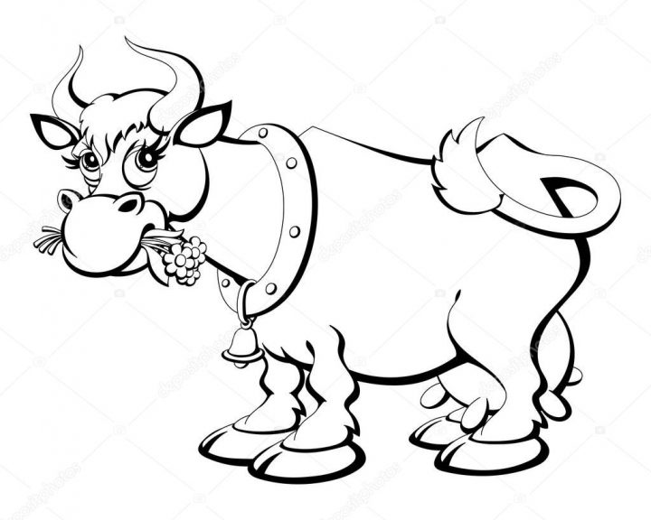 Livre De Coloriage. Vache Cartoon Mâcher L'Herbe. — Image bei Coloriage Dessin Vache