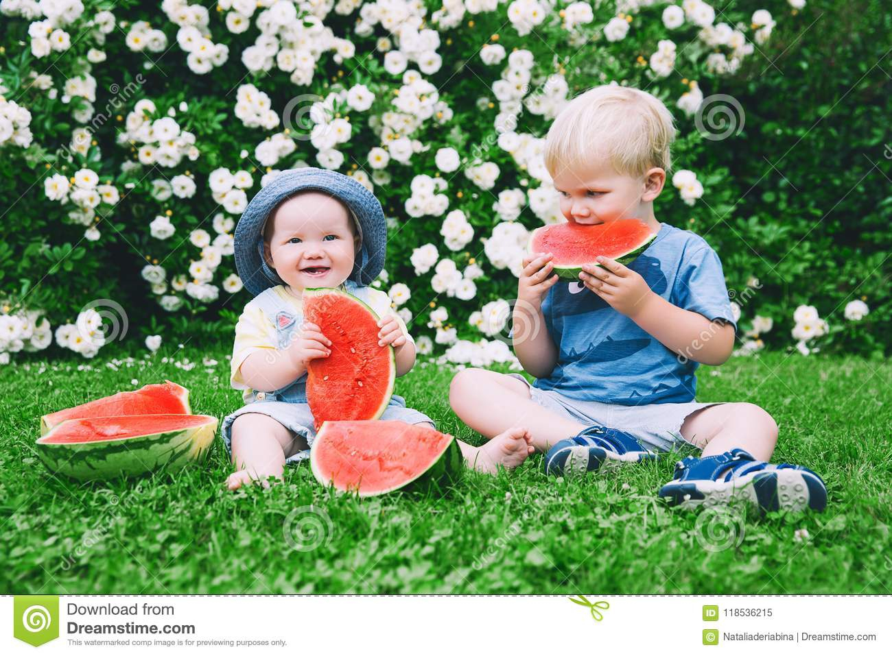 Lustige Kinder, Die Wassermelone Auf Natur Am Sommer Essen für Kinder Bilder Sommer