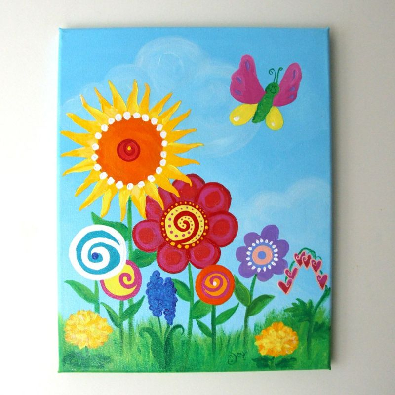 Malen Leinwand Motiv Kinder Blumen Schmetterling Wiese bestimmt für Kinder Bilder Malen