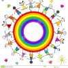 Stilisiert Kinder Um Einen Regenbogen Vektor Abbildung für Kinder Bilder Regenbogen