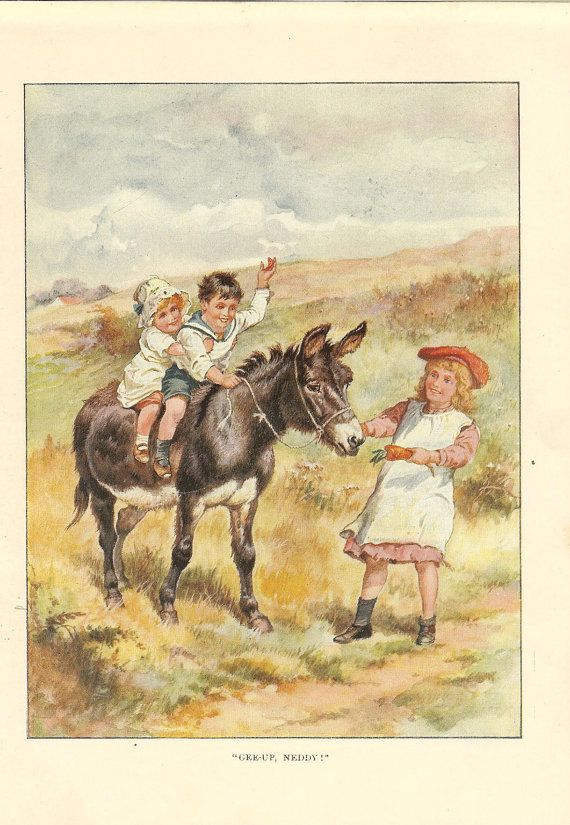 1920'S Children'S Print- Boy And Girl Riding Donkey Older Girl Tempting innen Kinder Bilder 1920