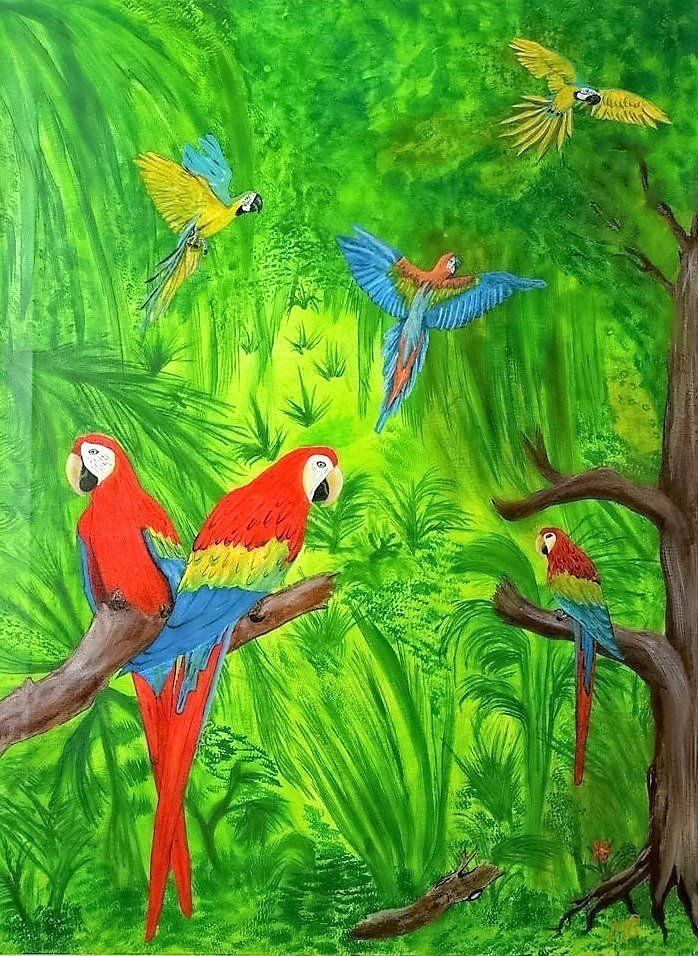 Acrylmalerei Titel: Papageie Im Dschungel Acryl Auf Leinwand | Etsy über Acrylbilder Kinder,