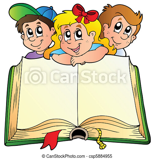 Buch, Kinder, Geöffnet, Drei. Vektor, Geöffnet, -, Drei, Buch, Kinder für Lesende Kinder Bilder