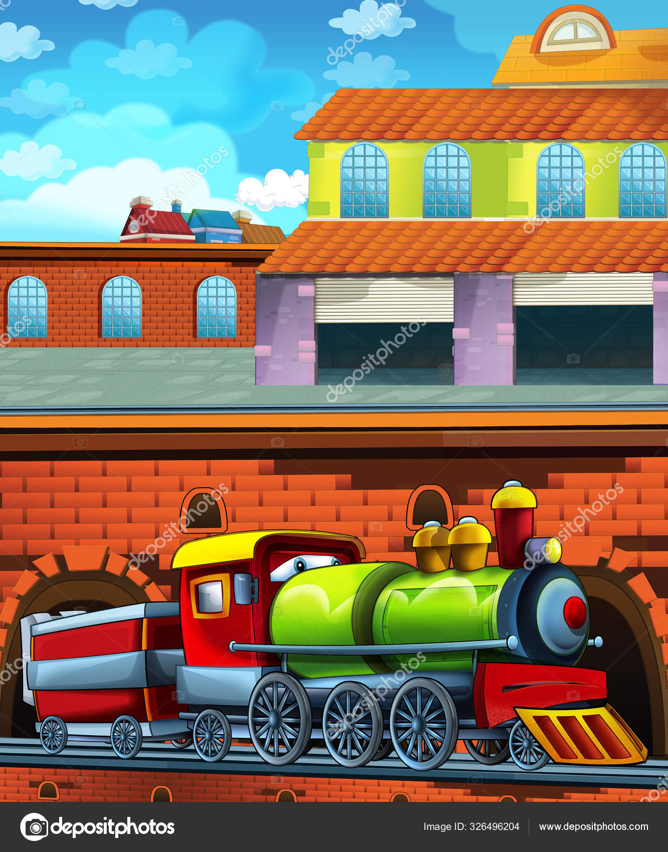 Cartoon Lustig Aussehender Zug Auf Dem Bahnhof In Der Nähe Der Stadt bei Kinder Bilder Ausserhalb Der Stadt