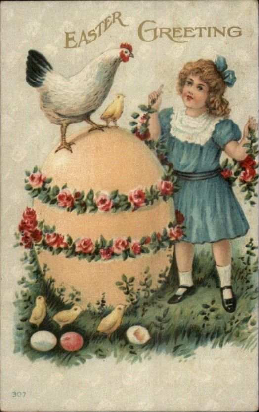 Easter - Little Girl Giant Egg &amp; Chicks C1910 Postcard | Osterideen bestimmt für Vintage Kinderbilder