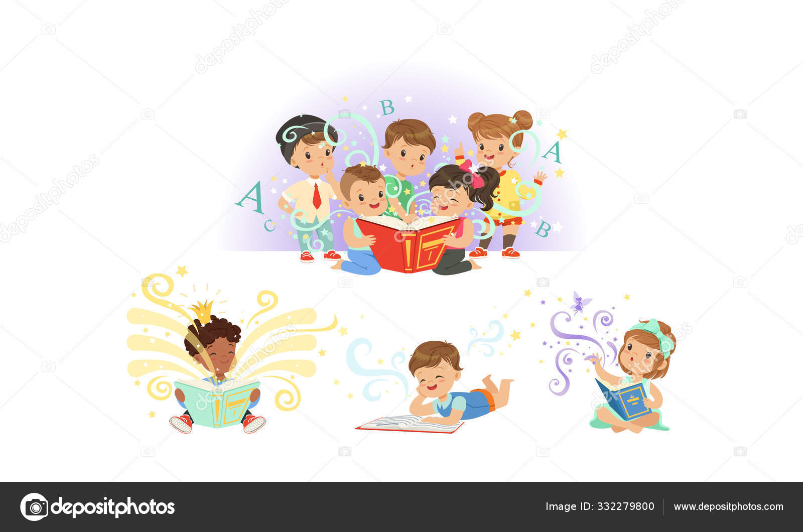 Entzückende Kleine Kinder Lesen Märchen Bücher Sammlung Vektor mit Kinder Lesen Bilder