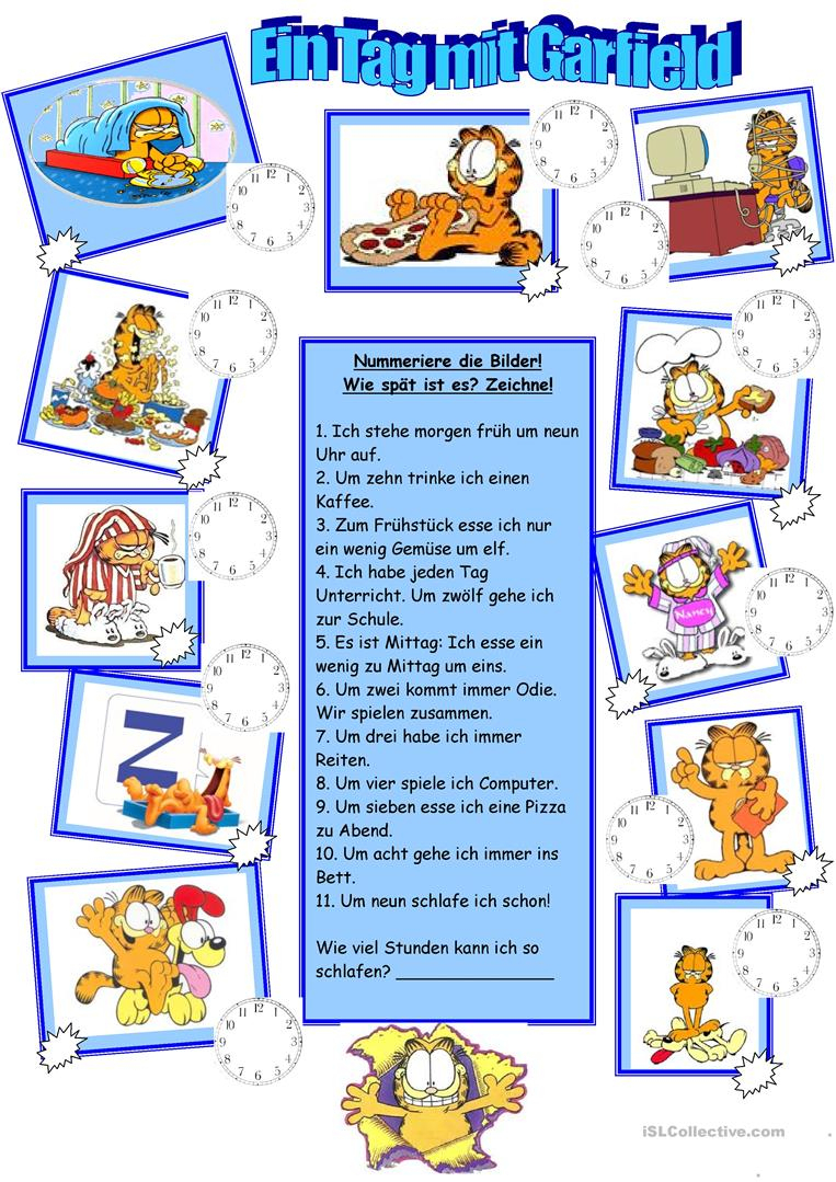 Garfields Tagesablauf Arbeitsblatt - Kostenlose Daf Arbeitsblätter über Routine Kinder Bilder