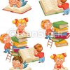 Kinder, Buchausleihe. Satz, Illustration., Freigestellt, Library verwandt mit Lesende Kinder Bilder