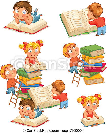 Kinder, Buchausleihe. Satz, Illustration., Freigestellt, Library verwandt mit Lesende Kinder Bilder