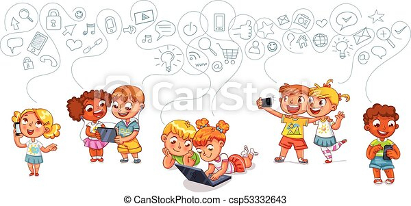 Kinder Interagieren Miteinander In Sozialen Netzwerken. Kinder Reden Am über Kinder Bilder Mittels Reden,