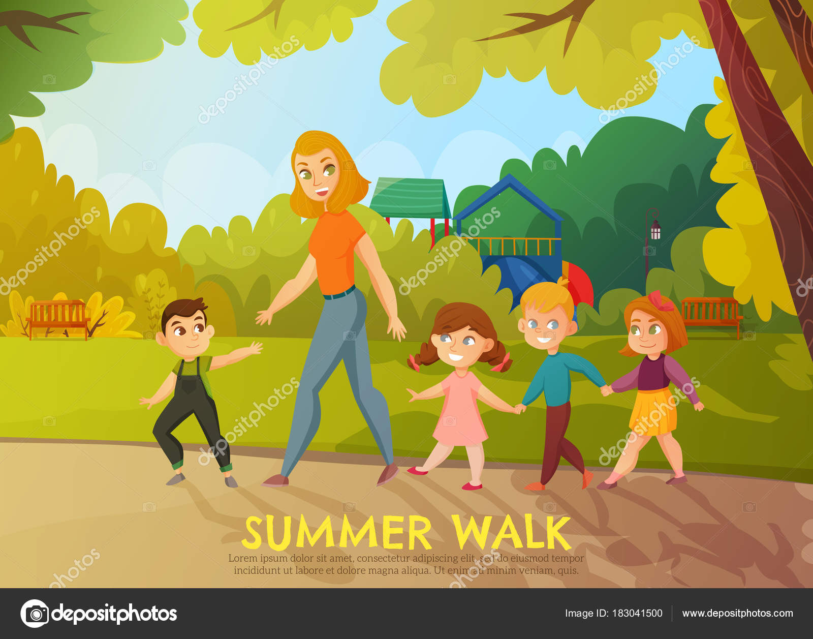 Kindergarten Sommerspaziergang Illustration - Vektorgrafik: Lizenzfreie über Kindergarten Bilder Preise