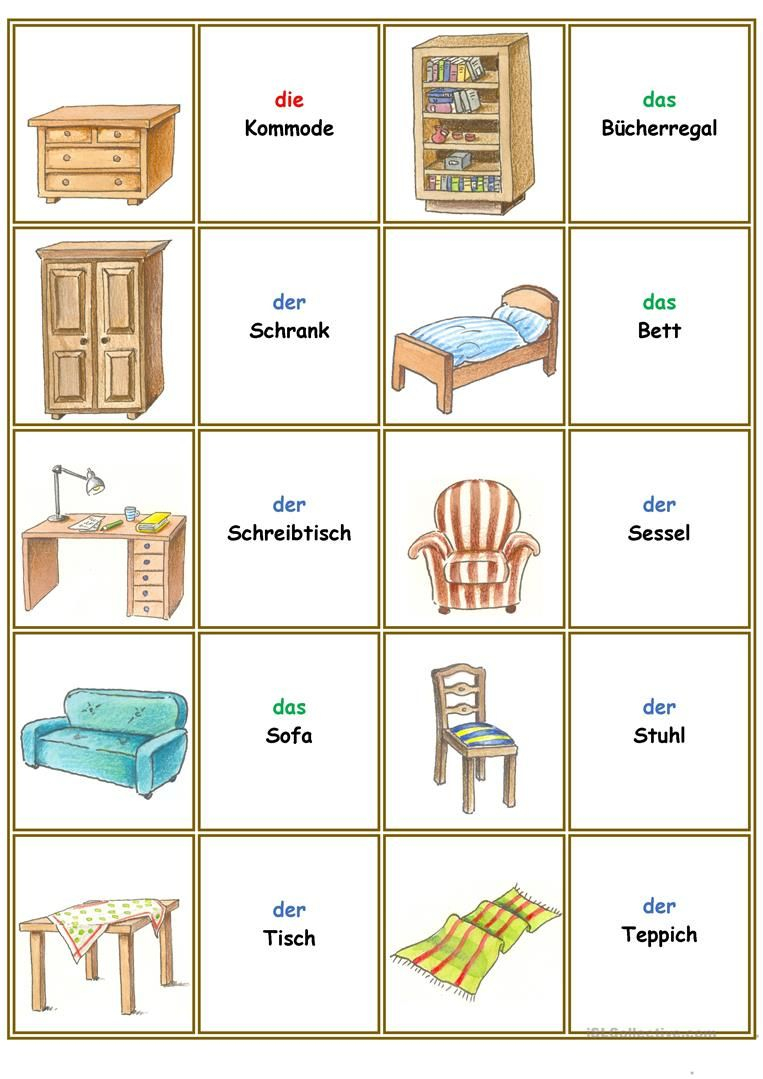 Spiele Im Deutschunterricht: Memory - Die Möbel Und Die Einrichtung In ganzes Kinder Bilder Auf Englisch,