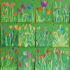 Tulpen Mit Wasserfarben Als Collage Auf Grünem Hintergrund, Klasse 1 bestimmt für Frühling Kinder Bilder