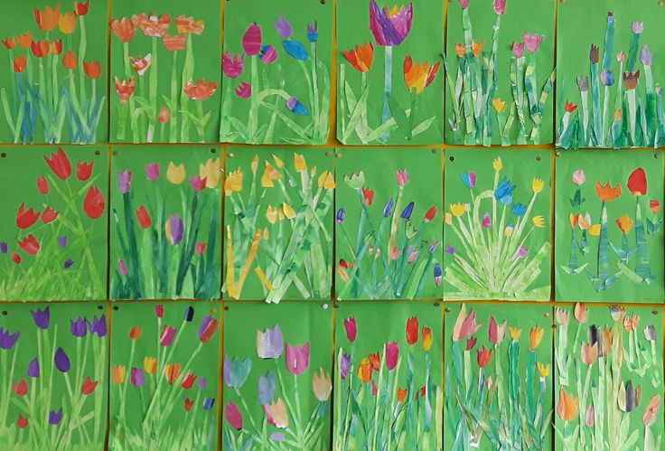 Tulpen Mit Wasserfarben Als Collage Auf Grünem Hintergrund, Klasse 1 bestimmt für Frühling Kinder Bilder