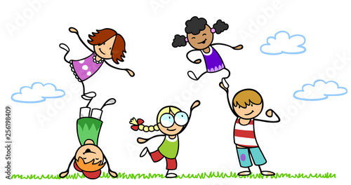 Viele Kinder Turnen Und Spielen Auf Wiese Stock-Illustration | Adobe Stock für Bilder Kinder In Bewegung Clipart