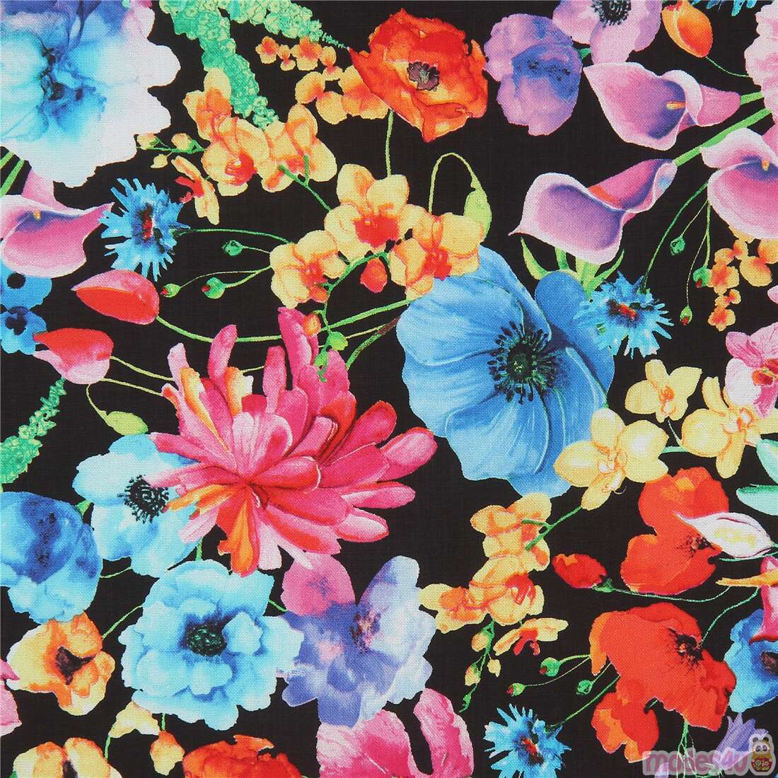 schwarz Timeless Treasures Stoff mit bunten wilden Blumen Fabric by