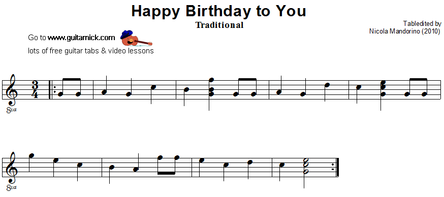 Happy Birthday To You - Guitar Sheet  Happy Birthday Notes, Guitar verwandt mit Happy Birthday Noten