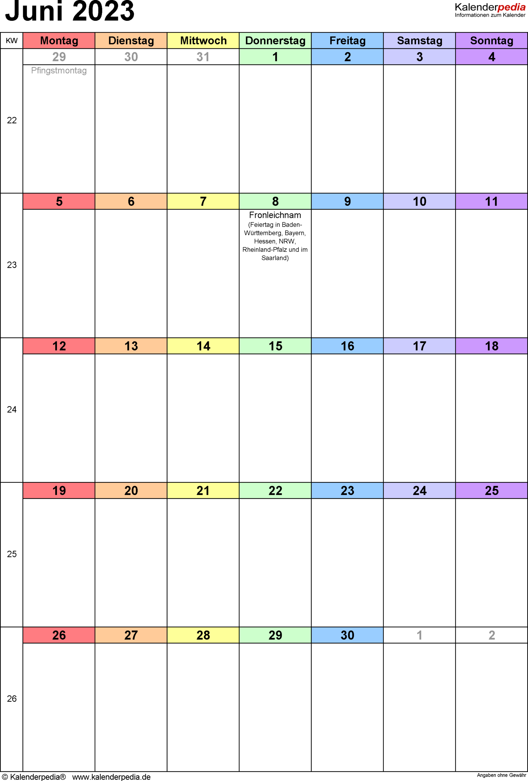 Kalender Juni 2023 Als Pdf-Vorlagen in Kalender Juni 2023