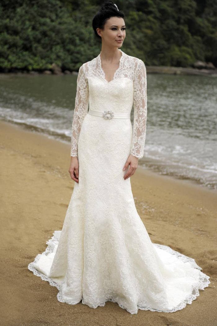 Schlichtes Meerjungfrau Ivory Spitze Brautkleider Mit Langen Ärmeln bestimmt für Hochzeitskleider Mit Ärmeln