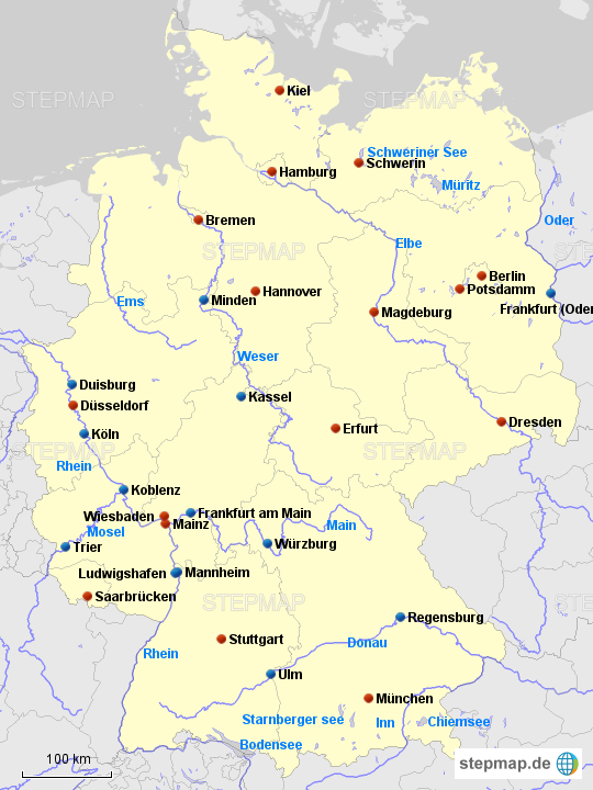 Stepmap - De-Bundesländer+Hauptstädte,Flüsse,Seen - Landkarte Für bestimmt für Deutschlandkarte Mit Flüssen