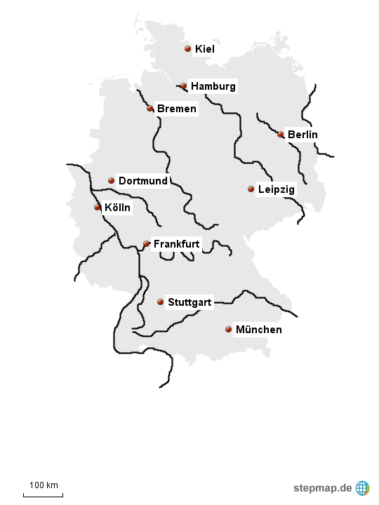 Stepmap - Deutschland Mit 10 Städten Und 10 Flüssen - Landkarte Für bei Deutschlandkarte Mit Flüssen