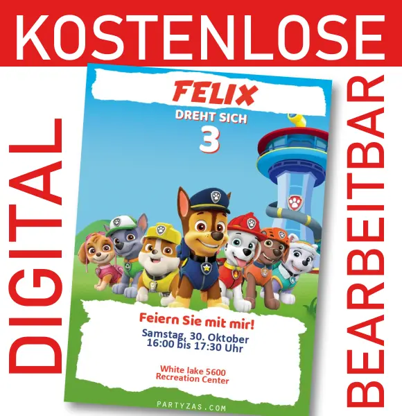 [KOSTENLOS] Einladung Paw Patrol Party Bearbeitbar und anpassbar