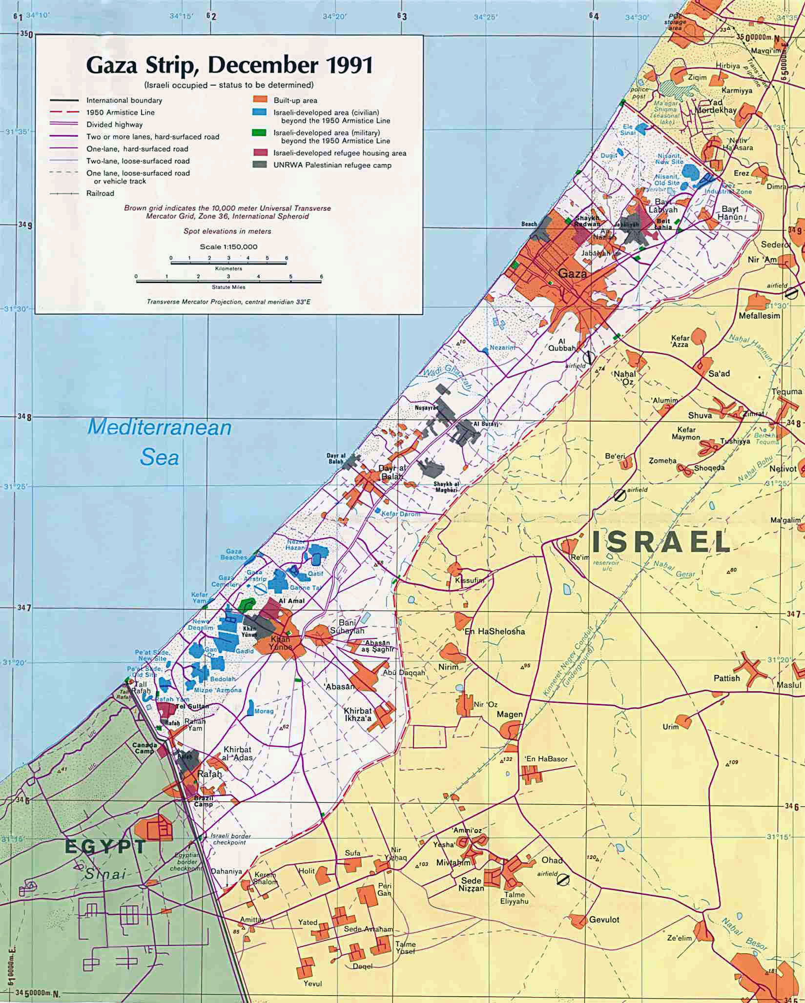 Large political map of Gaza Strip with roads, cities and other marks