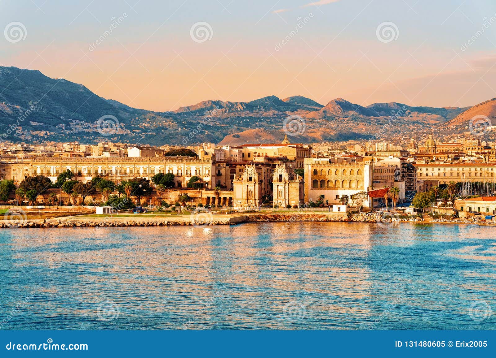Sunrise at the Mediterranian Sea and Palermo Old City, Sicily Island in