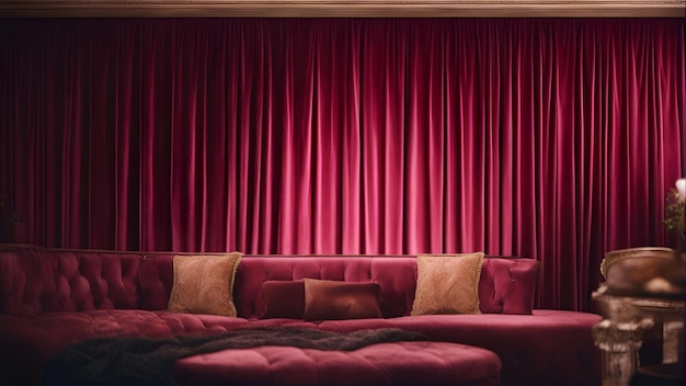 Premium AI Image | Red curtains and a sofa in a luxury room 3d rendering