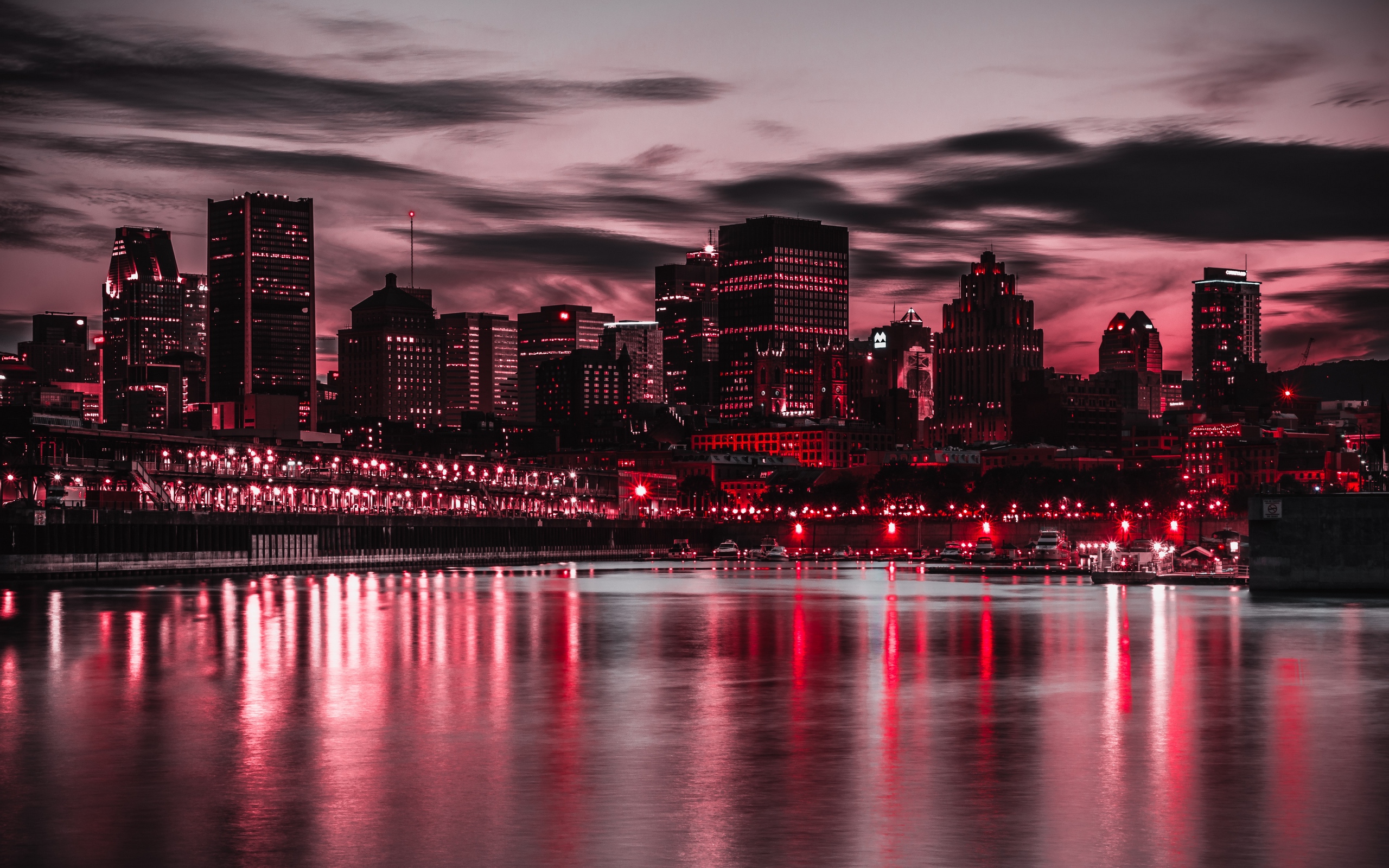 Wallpaper Night City, City Lights, Buildings, Shore, - Red City Lights