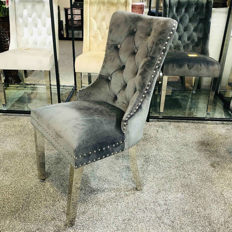 Allegra Grey Velvet And Chrome Tufted Dining Chair With Ring Knocker