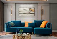 blue velvet sectional sofa with cushions