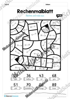  8 Rechenmalblätter: Zahlenraum 100 Motiv 