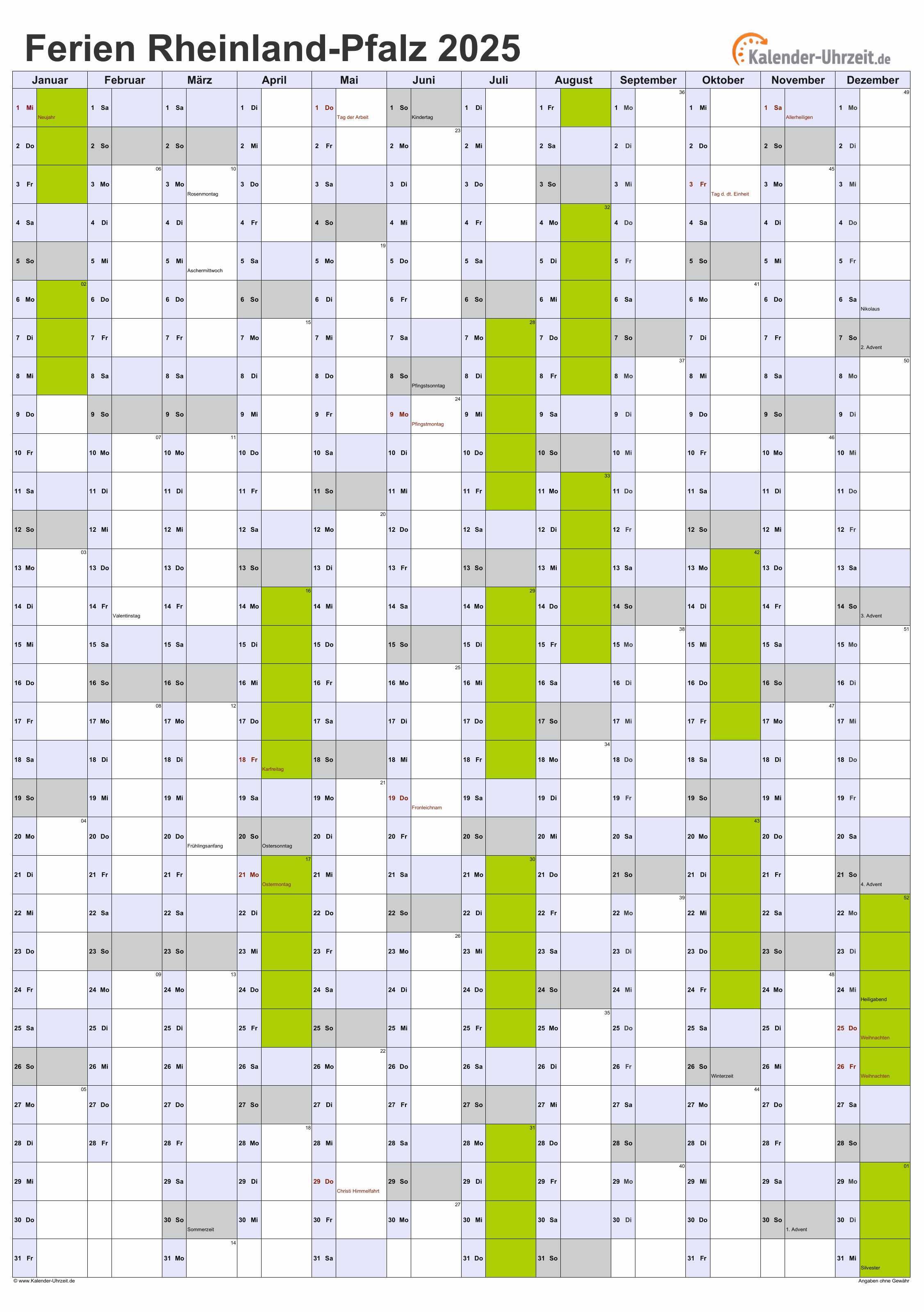  Ferien Rheinland-Pfalz 2025 - Ferienkalender zum Ausdrucken 