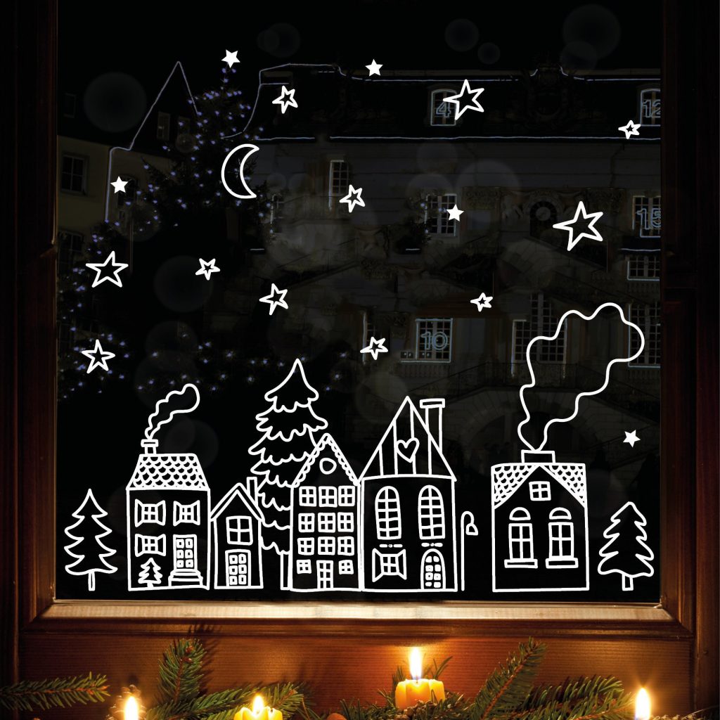  Wiederverwendbares Fensterbild Weihnachten Winterstadt Skyline Illustration 