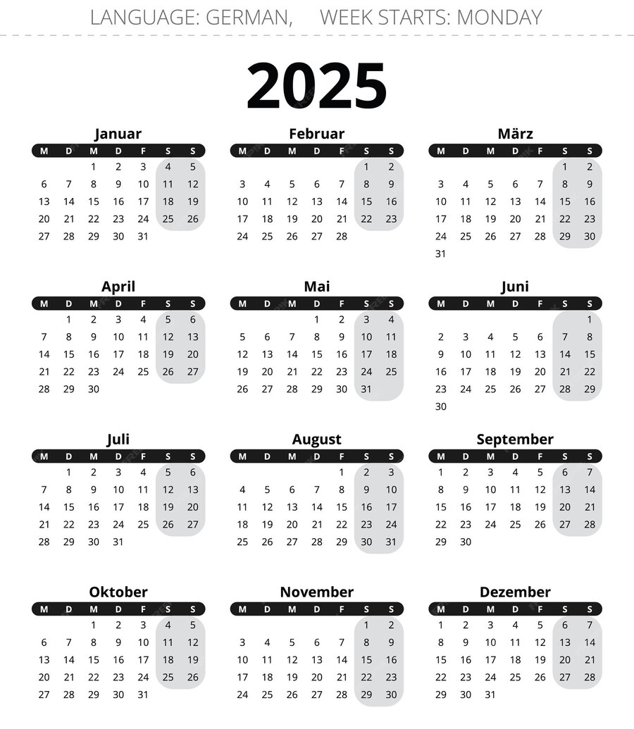  2025 year german calendar Printable vector 