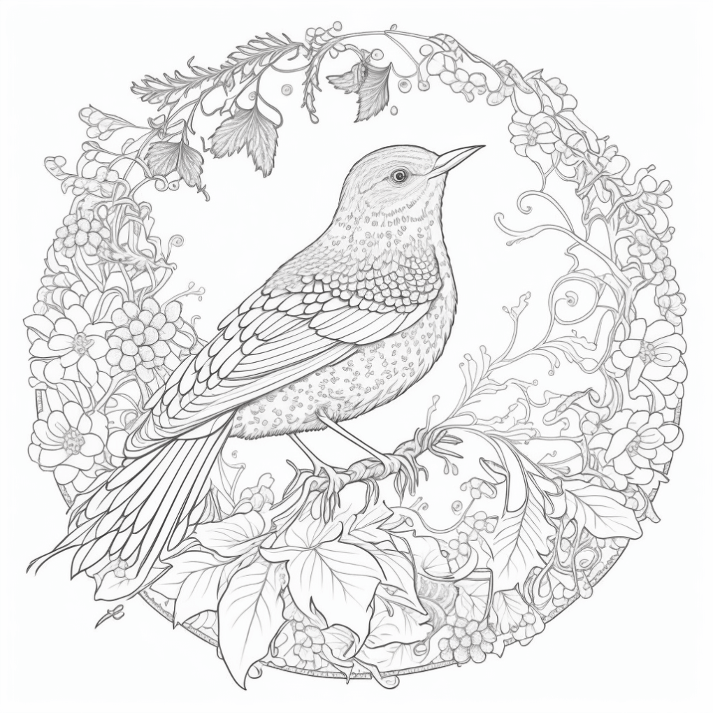  Foto zu "Vogel in Blumenkranz" Ausmalbild - kostenlos herunterladen 