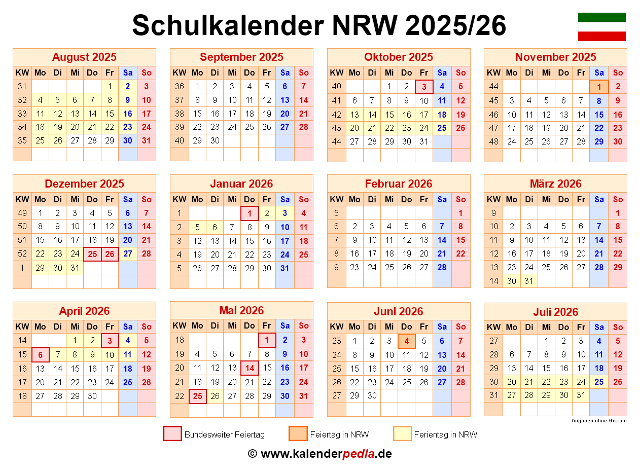  Schulkalender 2025/2026 NRW für Excel 