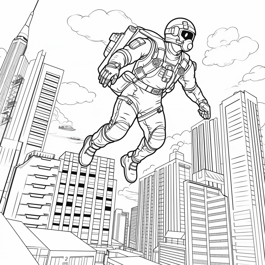  Foto zu Jetpack fliegt über gläsernen Wolkenkratzern Ausmalbild 