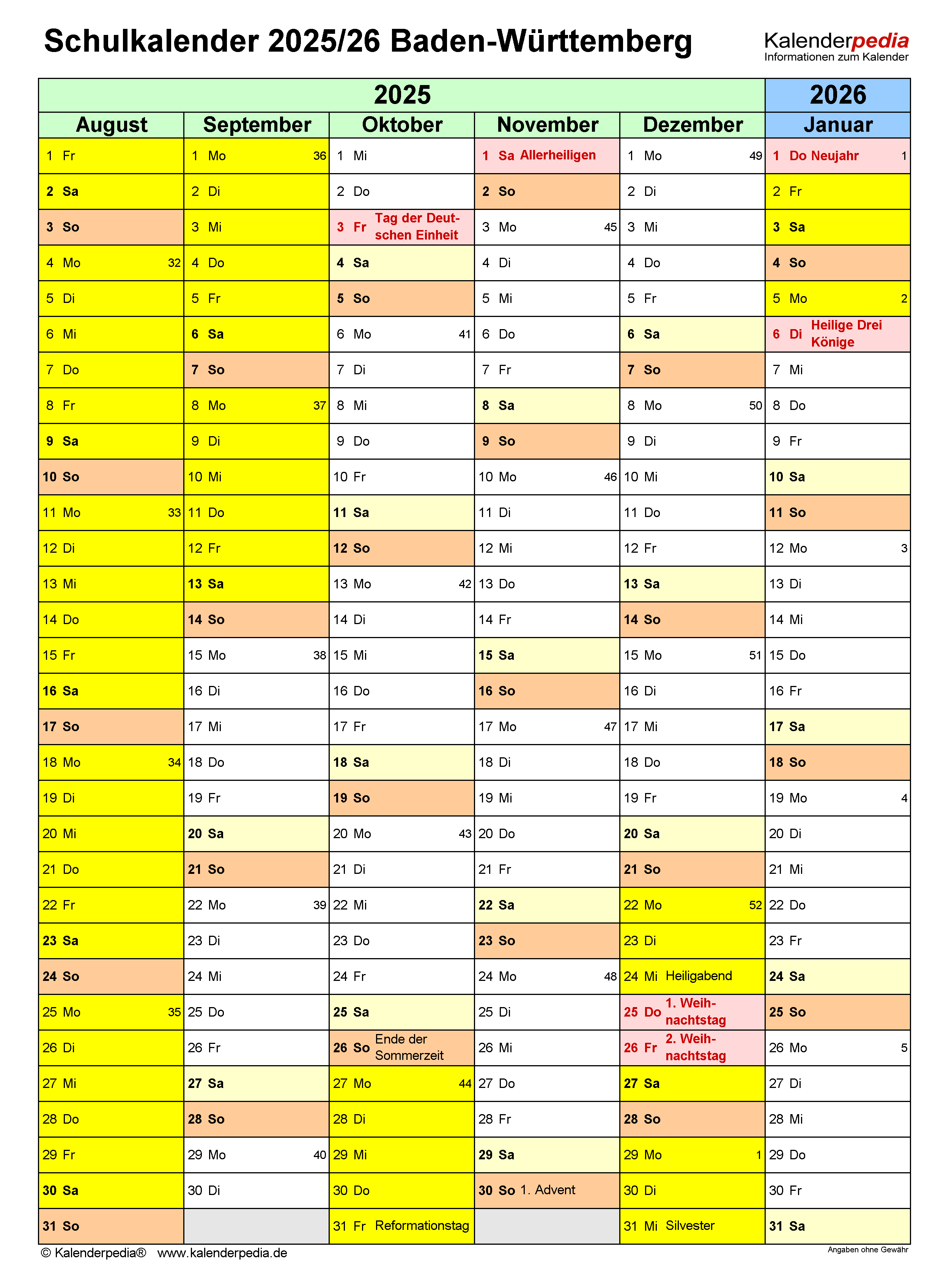  Schulkalender 2025/2026 Baden-Württemberg für Word 