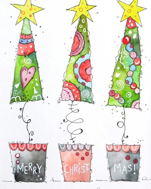  Aquarelle, Weihnachten Drei Weihnachtsbäume - Atelier Kunst & Gestalten Motiv 