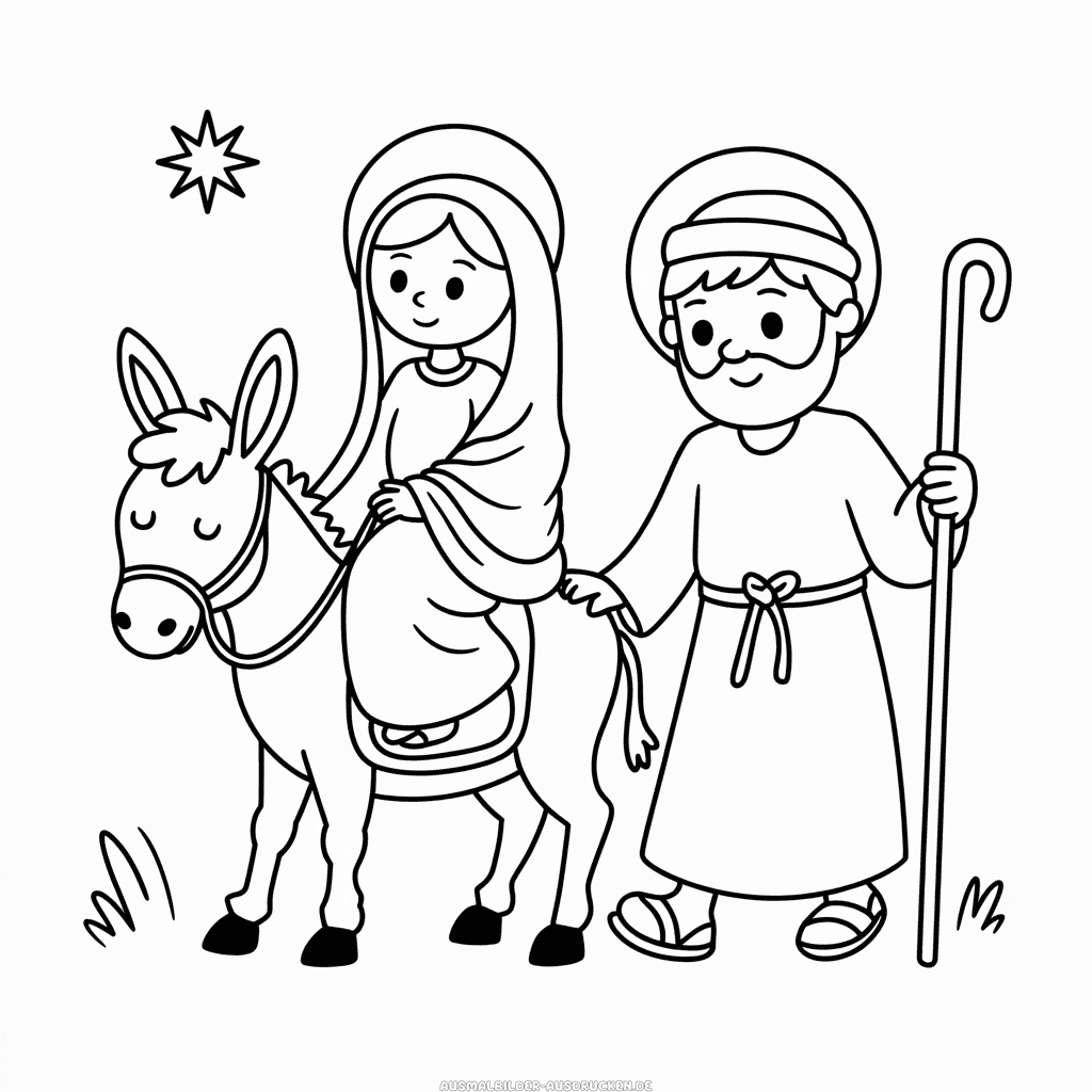 Ausmalbild Maria und Josef mit Esel 