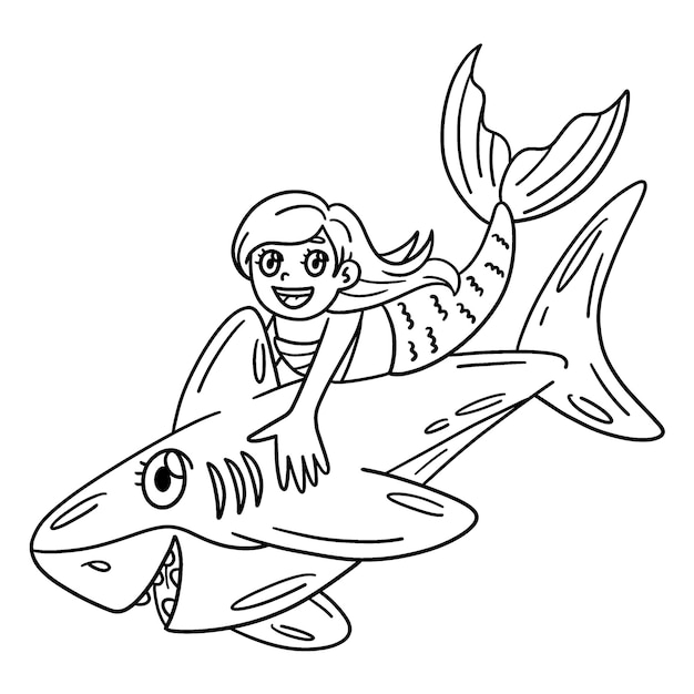  Eine niedliche und lustige Malseite von Hai und Meerjungfrau bietet Motiv 